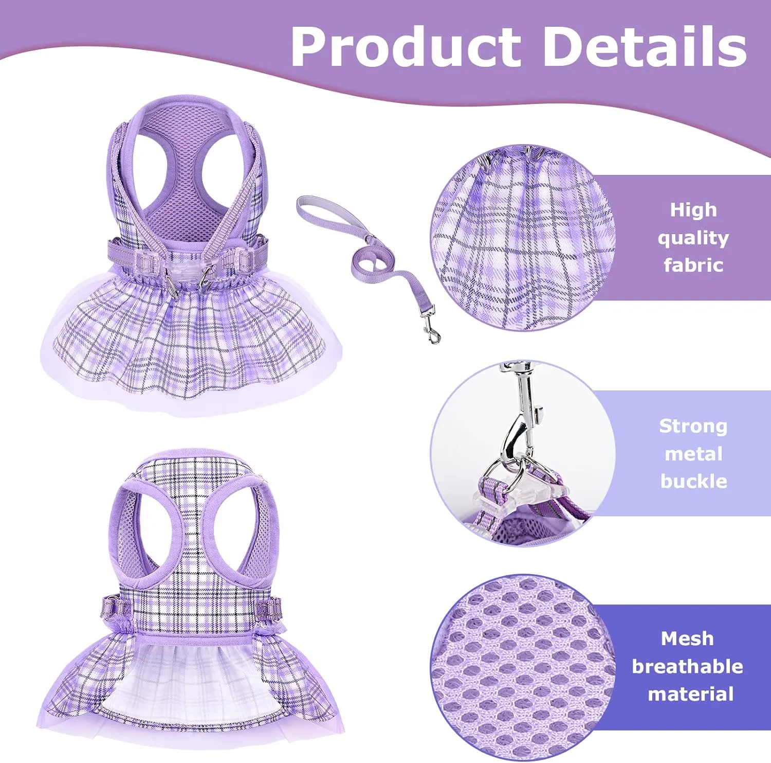 Purple Dog Harness and Leash Set, Breathable Adjustable No Pull Harness for Small to Medium Dogs - Chest 13.7-17.3in