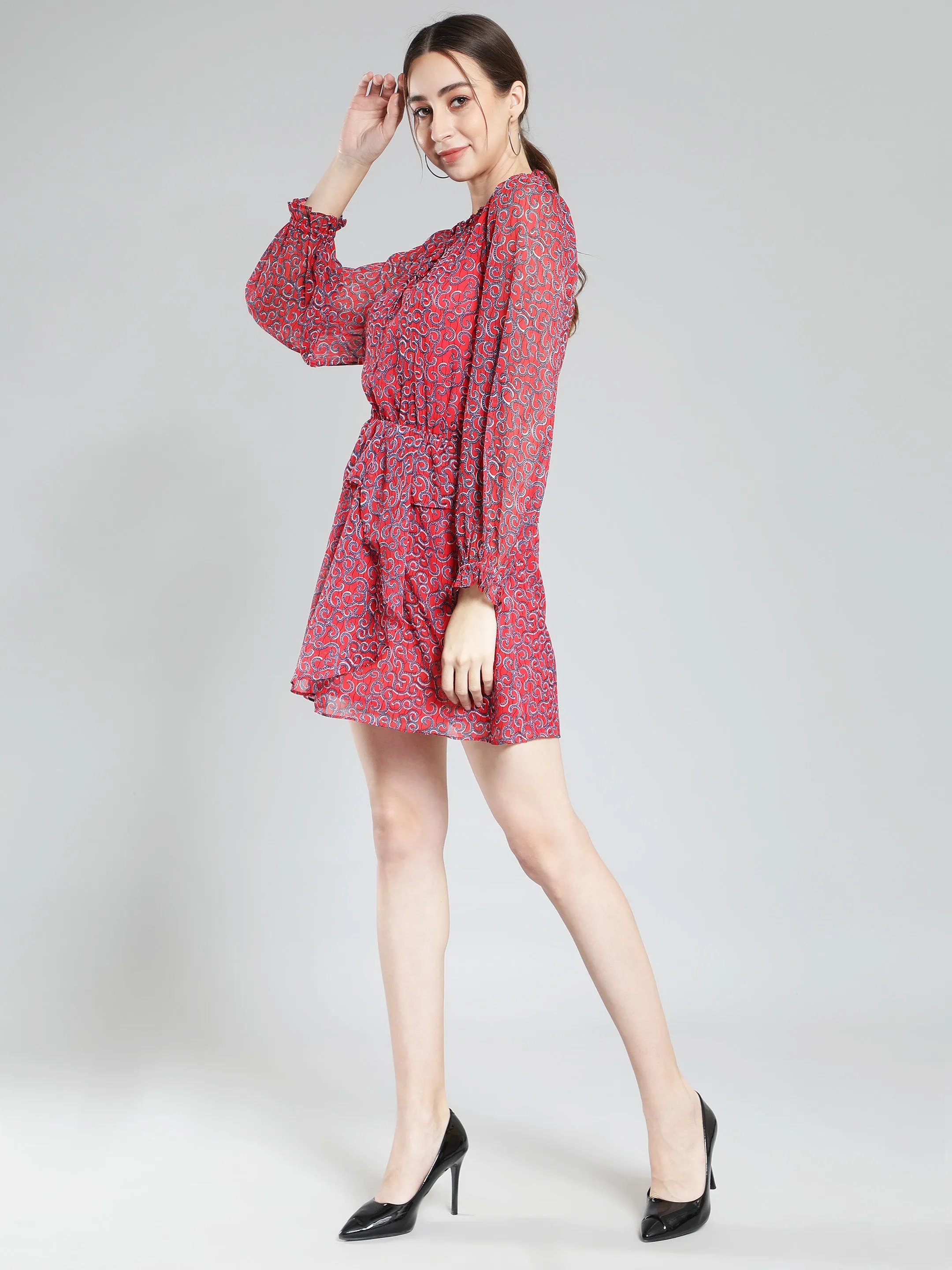 Red printed layred mini polyester dress