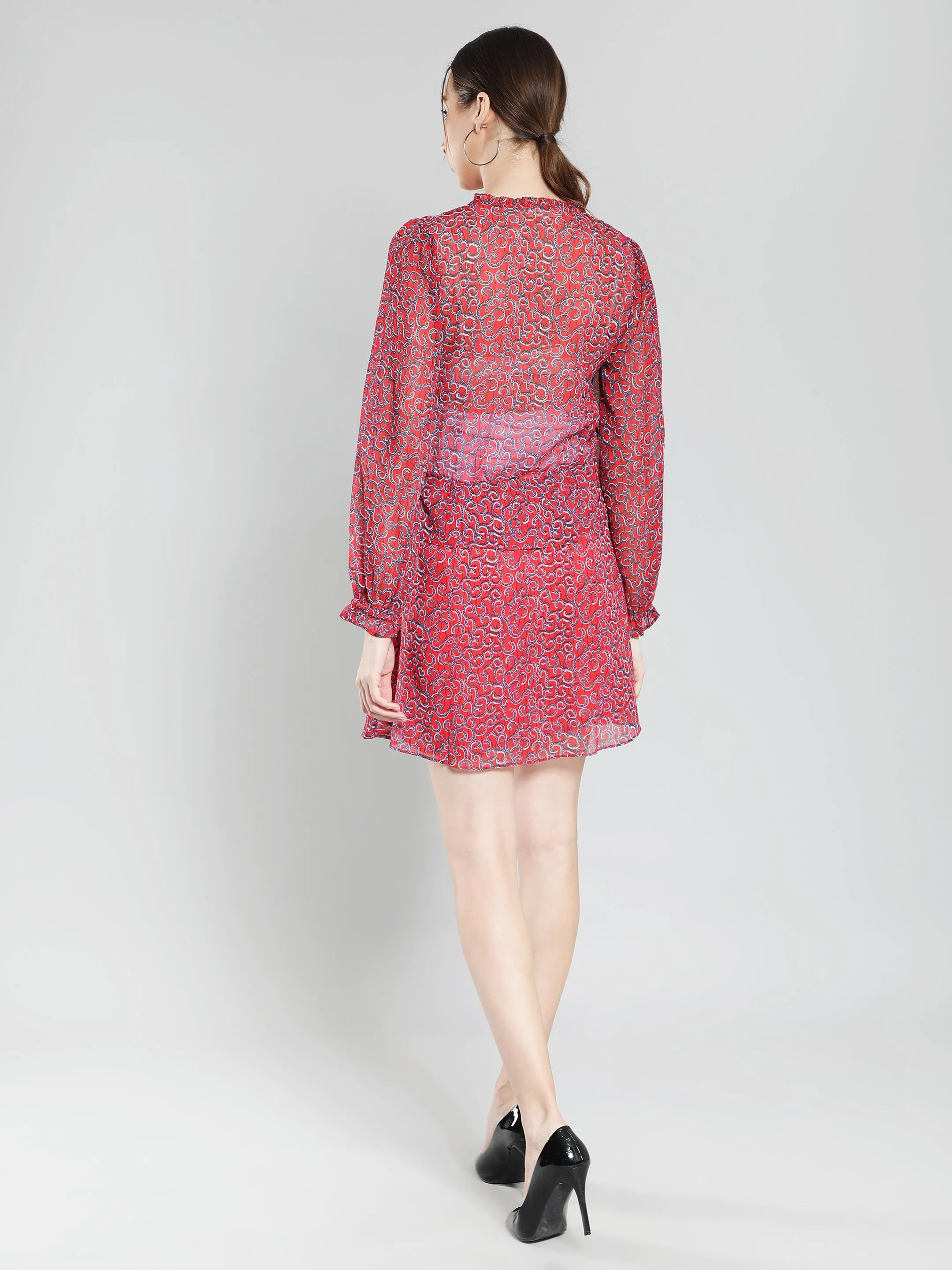 Red printed layred mini polyester dress