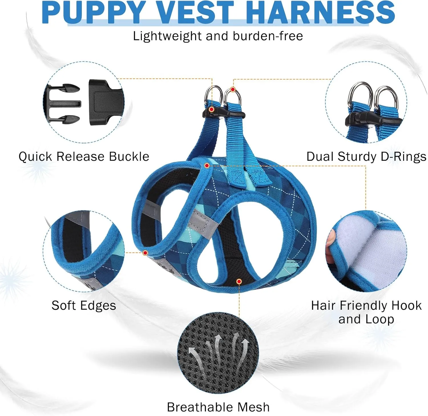 SCENEREAL Dog Harness Collar and Leash Set, Step-in No Pull Pet Vest Harnesses for Small Medium Dogs Puppy Cats, Soft Mesh No-Chock Reflective Vest Harness for Outdoor Walking Running, Blue Plaid S