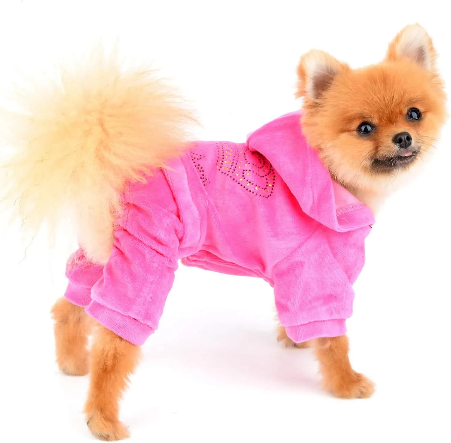 SEIMAI Dog Hoodies Jumpsuit for Small Dog Cat Puppy Rhinestone Crown Soft Velvet Autumn Winter Hooded Pajamas Tracksuit Outfits Sportswear Jacket with Hat Training Outdoor Pink M