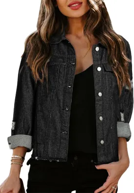 Sidefeel Women's Denim Jacket Long Sleeve Button Distressed Ripped Zimbaplatinum Jean Coat