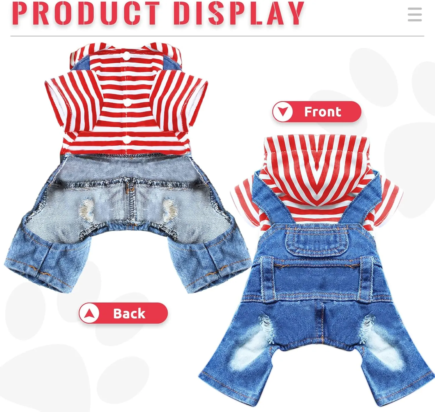 Small Dog Hoodie Clothes Cute Stripe Shirts Denim Jumpsuit One-Piece Outfit for Small Medium Dogs Cats Boy Girl Chihuahua Blue Jeans Overalls Puppy Costume (Red,M)