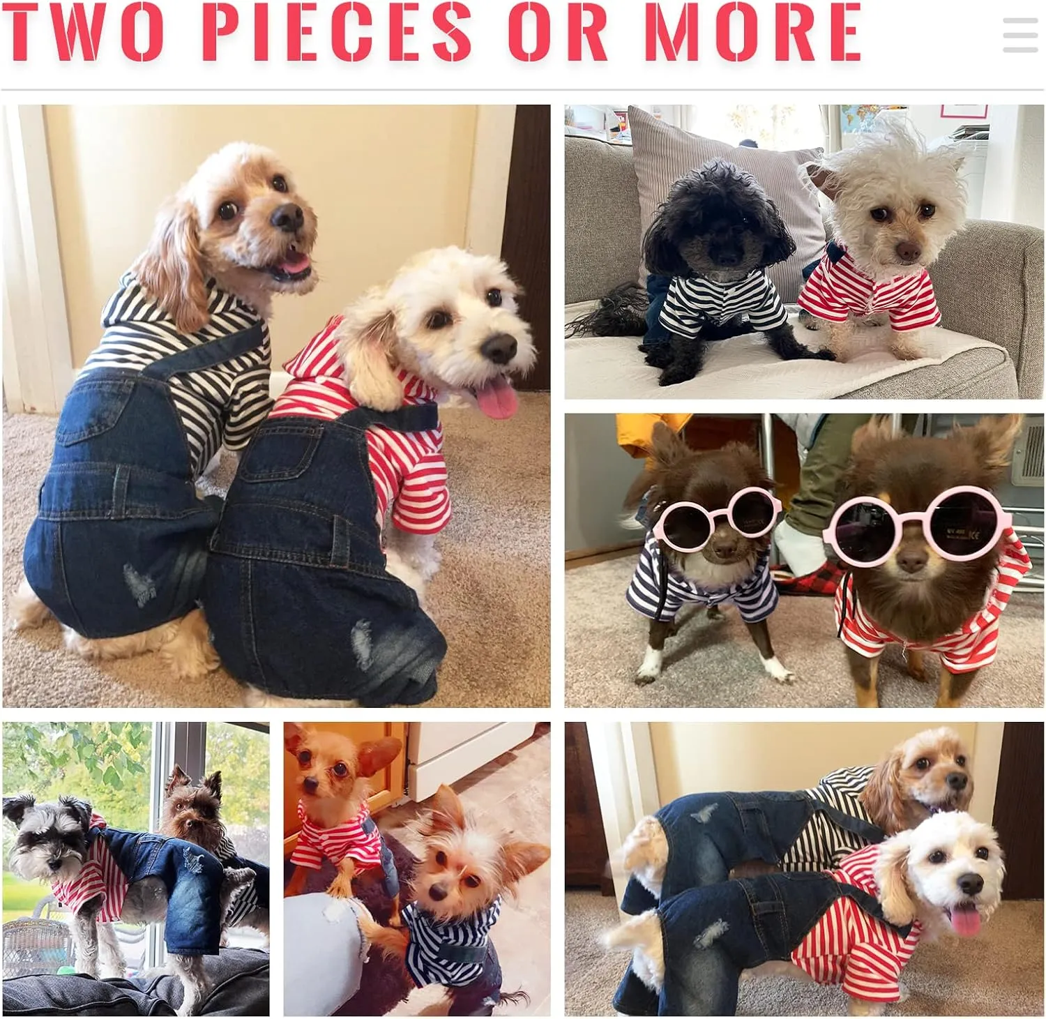 Small Dog Hoodie Clothes Cute Stripe Shirts Denim Jumpsuit One-Piece Outfit for Small Medium Dogs Cats Boy Girl Chihuahua Blue Jeans Overalls Puppy Costume (Red,M)