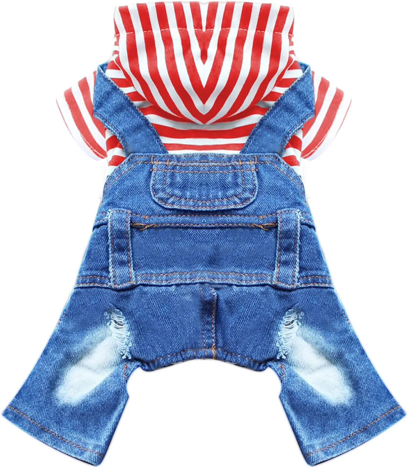 Small Dog Hoodie Clothes Cute Stripe Shirts Denim Jumpsuit One-Piece Outfit for Small Medium Dogs Cats Boy Girl Chihuahua Blue Jeans Overalls Puppy Costume (Red,M)
