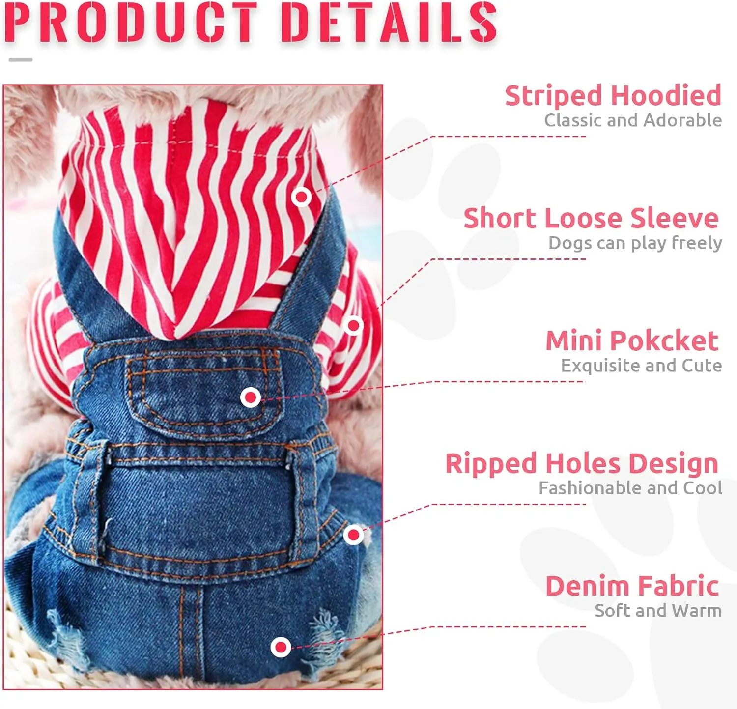 Small Dog Hoodie Clothes Cute Stripe Shirts Denim Jumpsuit One-Piece Outfit for Small Medium Dogs Cats Boy Girl Chihuahua Blue Jeans Overalls Puppy Costume (Red,M)