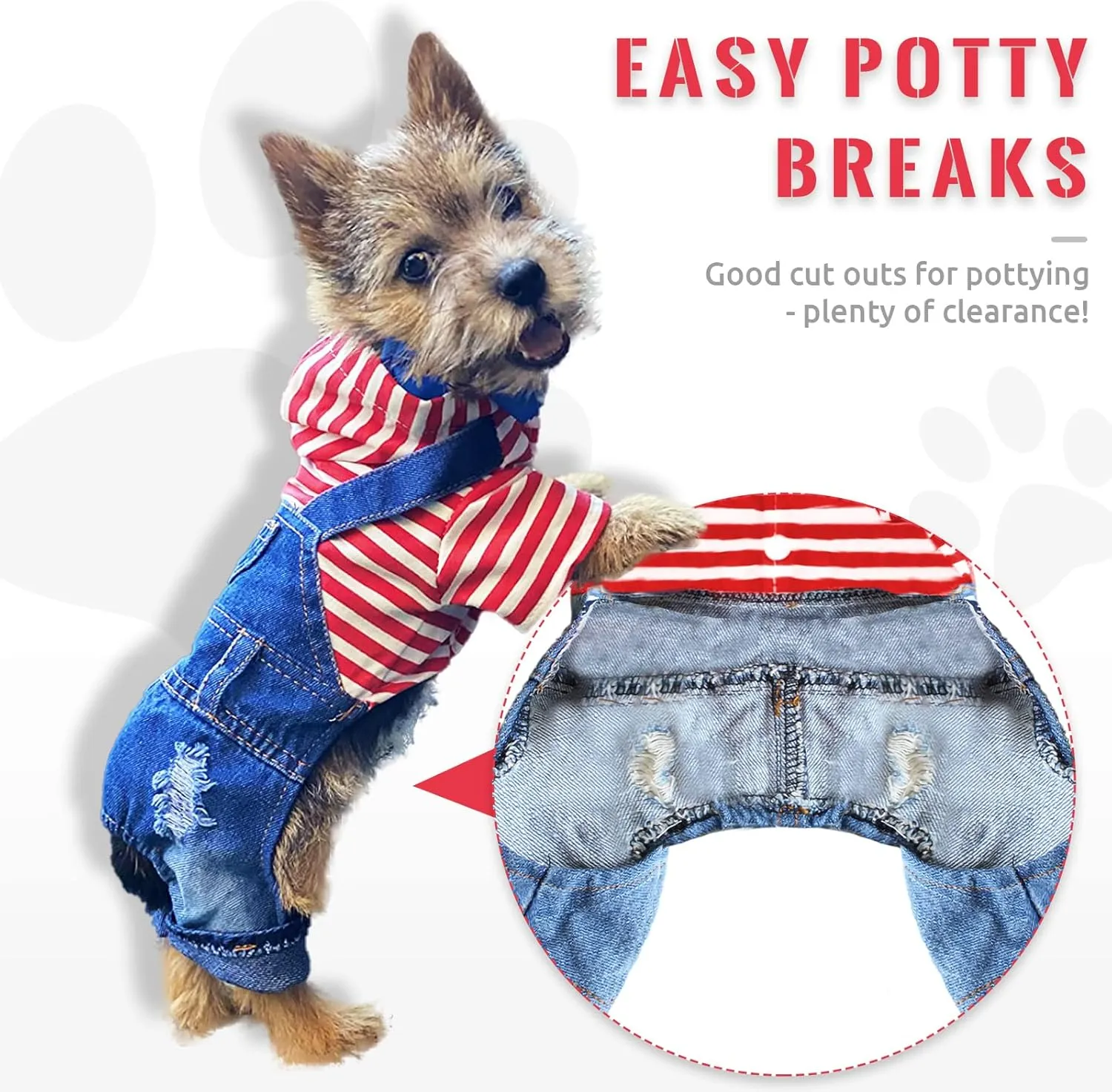 Small Dog Hoodie Clothes Cute Stripe Shirts Denim Jumpsuit One-Piece Outfit for Small Medium Dogs Cats Boy Girl Chihuahua Blue Jeans Overalls Puppy Costume (Red,M)
