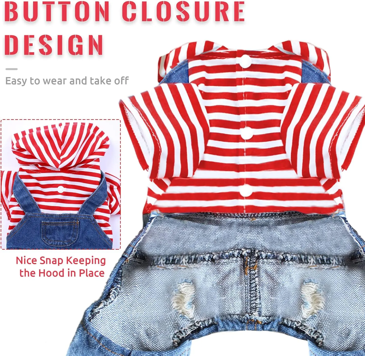 Small Dog Hoodie Clothes Cute Stripe Shirts Denim Jumpsuit One-Piece Outfit for Small Medium Dogs Cats Boy Girl Chihuahua Blue Jeans Overalls Puppy Costume (Red,M)