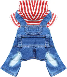 Small Dog Hoodie Clothes Cute Stripe Shirts Denim Jumpsuit One-Piece Outfit for Small Medium Dogs Cats Boy Girl Chihuahua Blue Jeans Overalls Puppy Costume (Red,M)