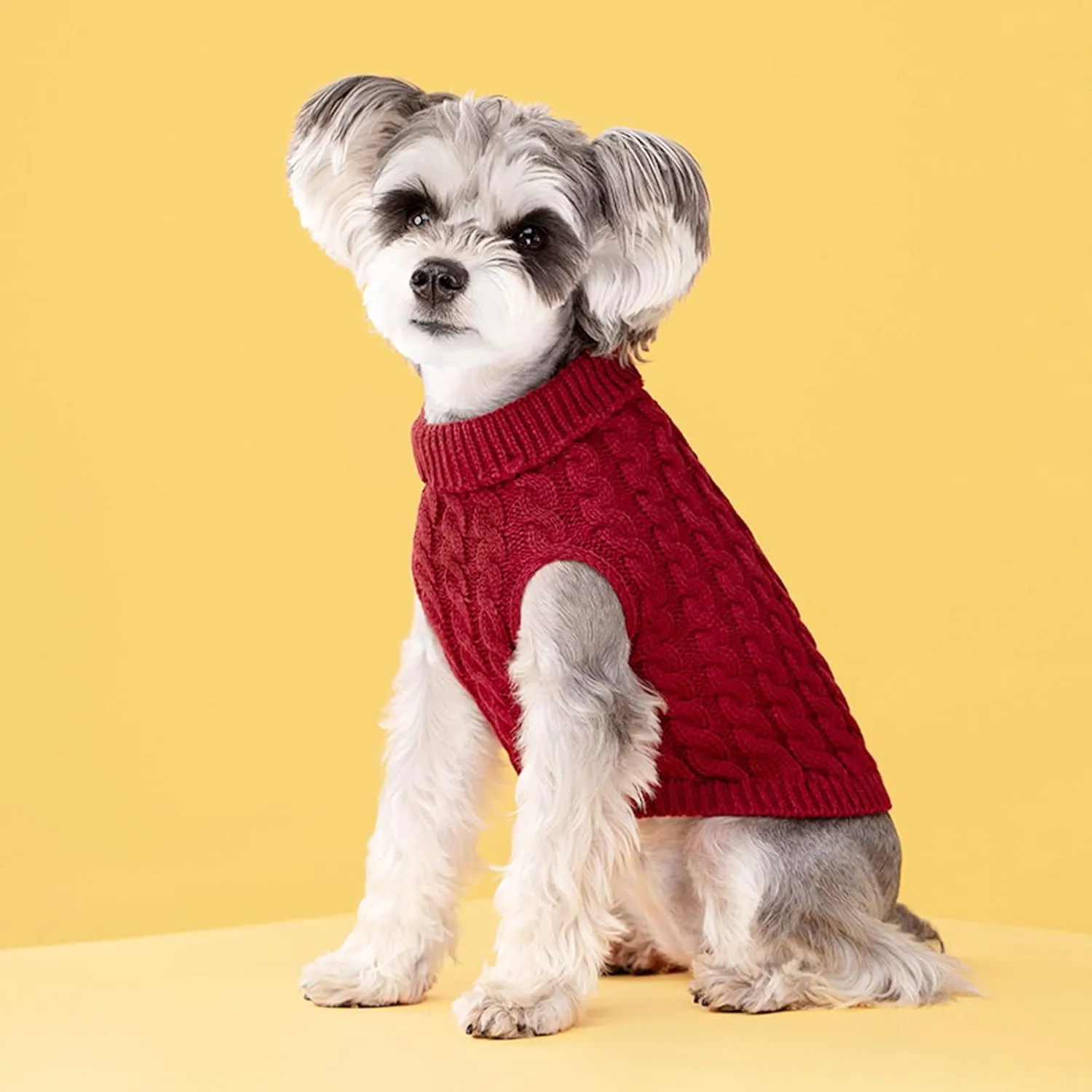 Small Dog Pullover Sweater, Cold Weather Cable Knitwear, Classic Turtleneck Thick Warm Clothes for Chihuahua, Bulldog, Dachshund, Pug, Yorkie (Red, X-Small)
