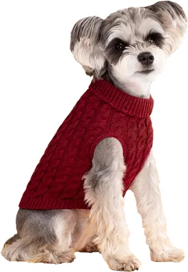 Small Dog Pullover Sweater, Cold Weather Cable Knitwear, Classic Turtleneck Thick Warm Clothes for Chihuahua, Bulldog, Dachshund, Pug, Yorkie (Red, X-Small)