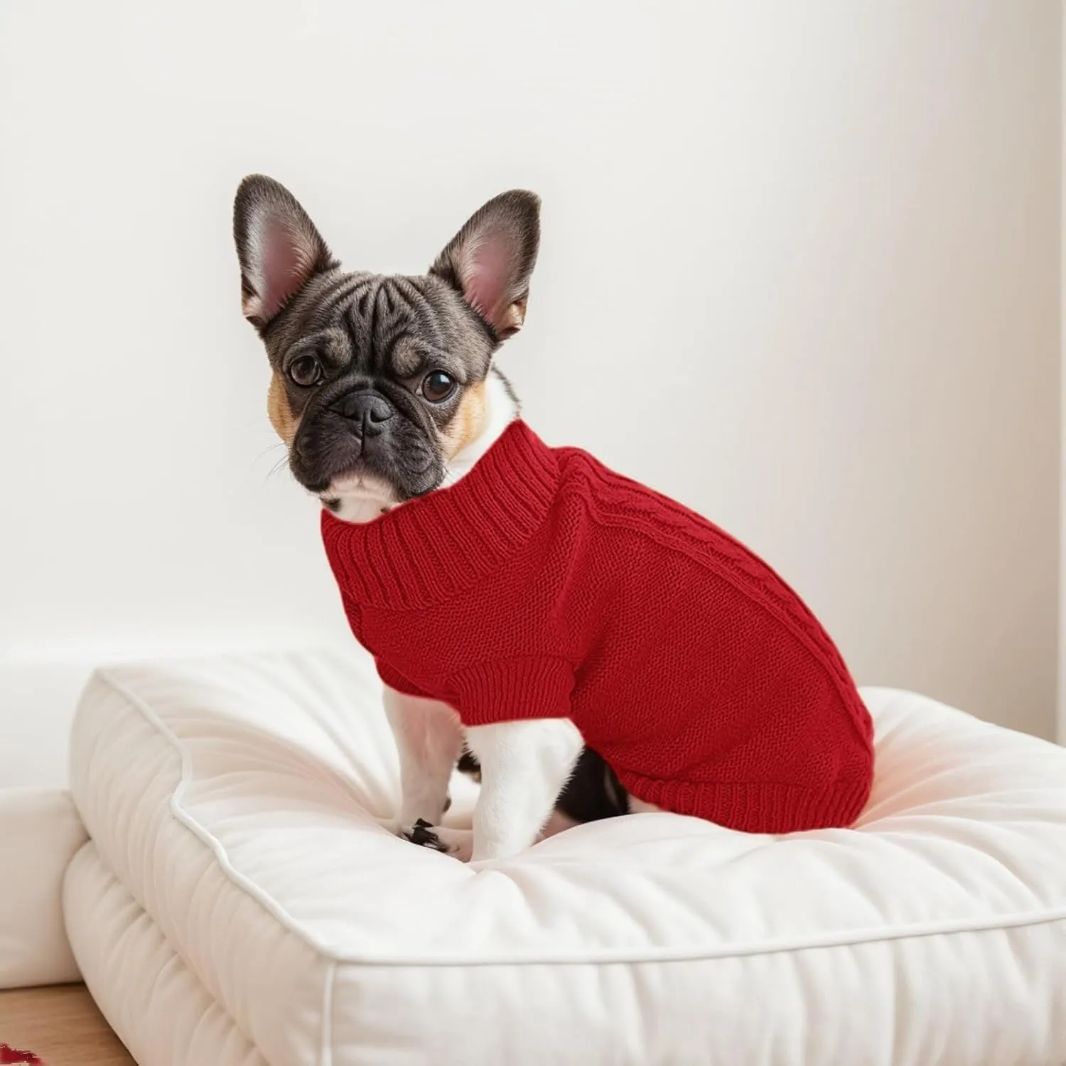 Small Dog Sweater with Hind Leg Straps & Knit Turtleneck, Winter Warm Dog Clothes for Small Dogs and Cats, Pet Sweater for Bulldog, Chihuahua, Yorkie, Pug, Kitten (Red Dog Sweater, XS)