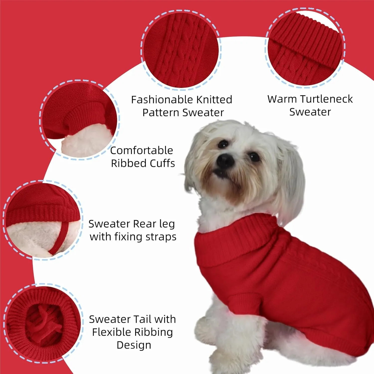 Small Dog Sweater with Hind Leg Straps & Knit Turtleneck, Winter Warm Dog Clothes for Small Dogs and Cats, Pet Sweater for Bulldog, Chihuahua, Yorkie, Pug, Kitten (Red Dog Sweater, XS)