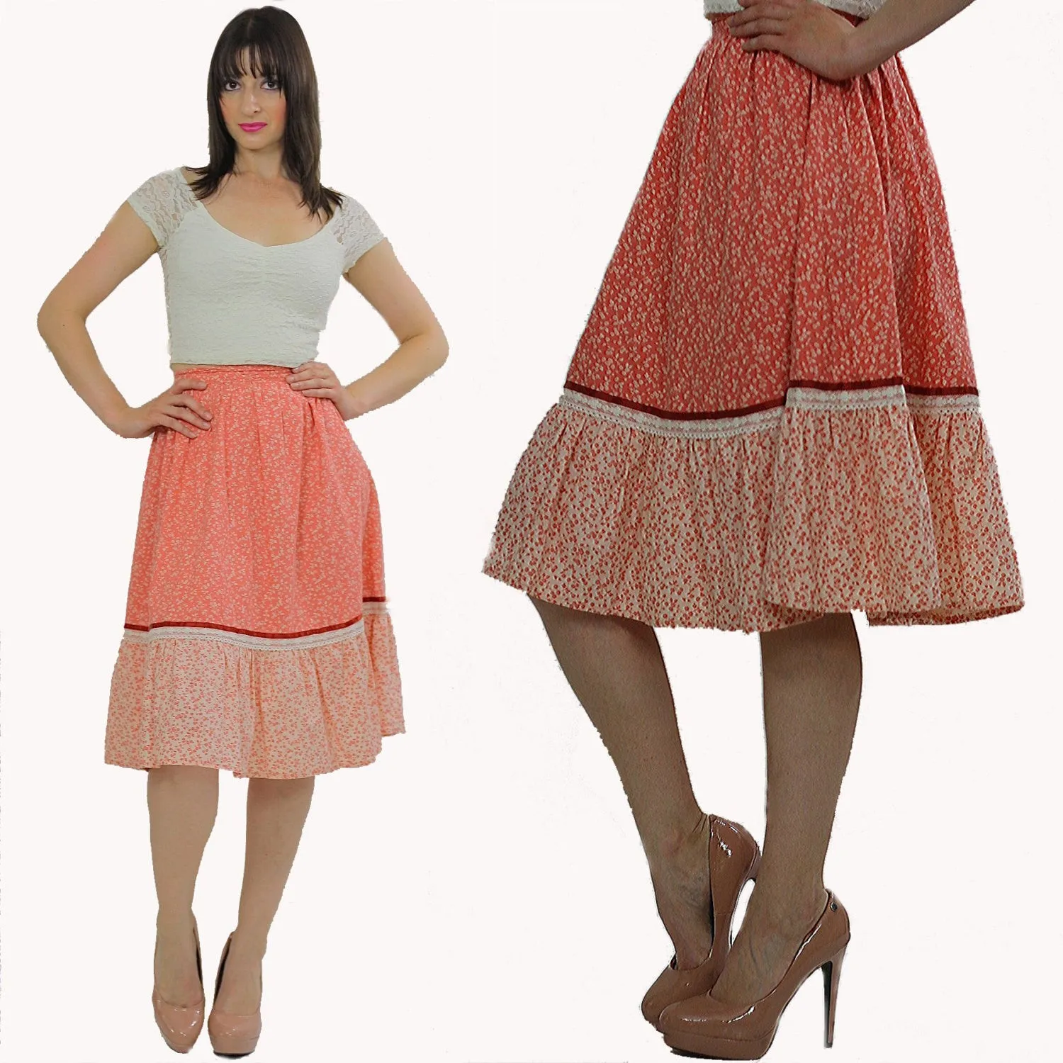 Vintage 70s Boho hippie floral rockabilly swing circle skirt