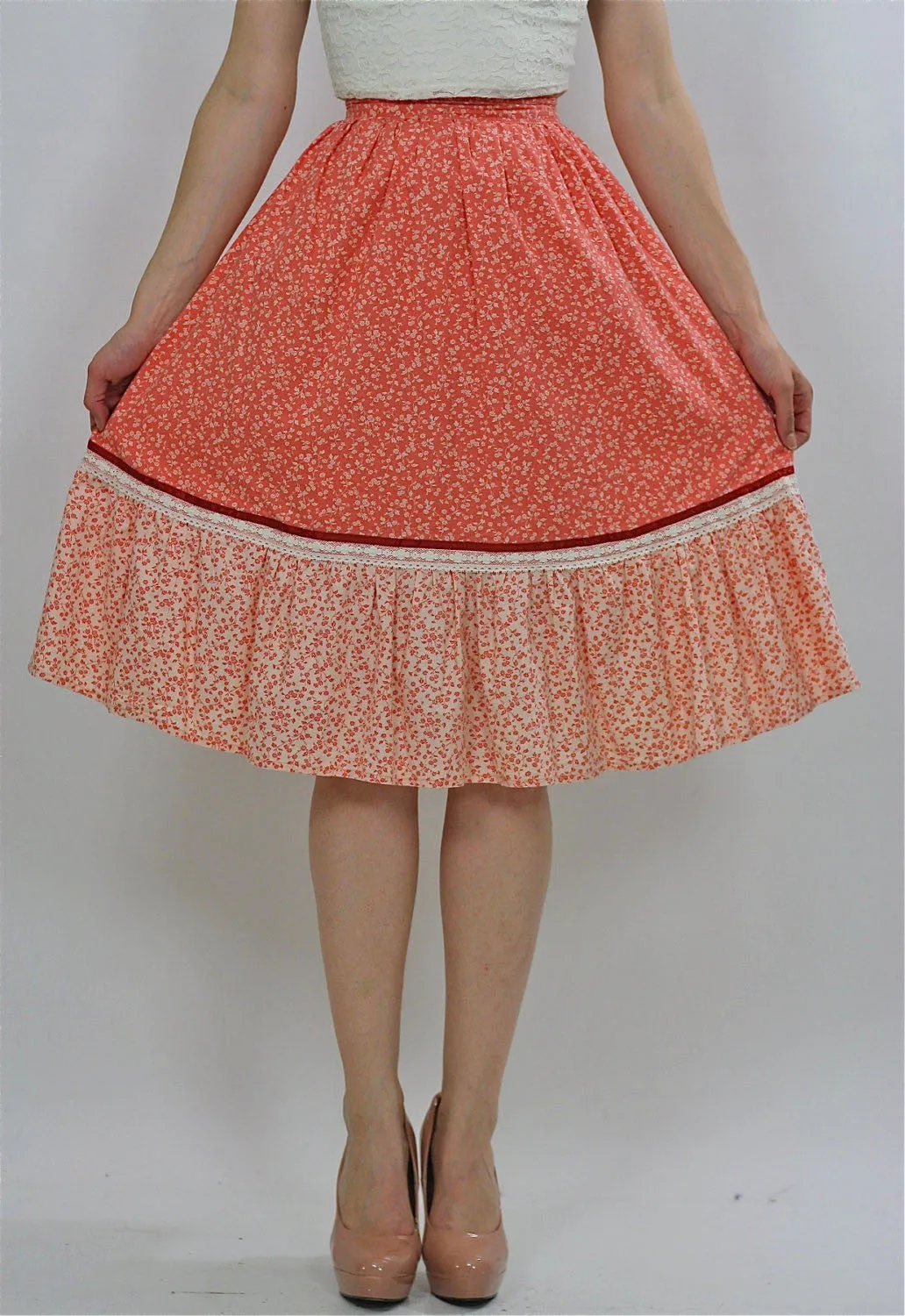 Vintage 70s Boho hippie floral rockabilly swing circle skirt