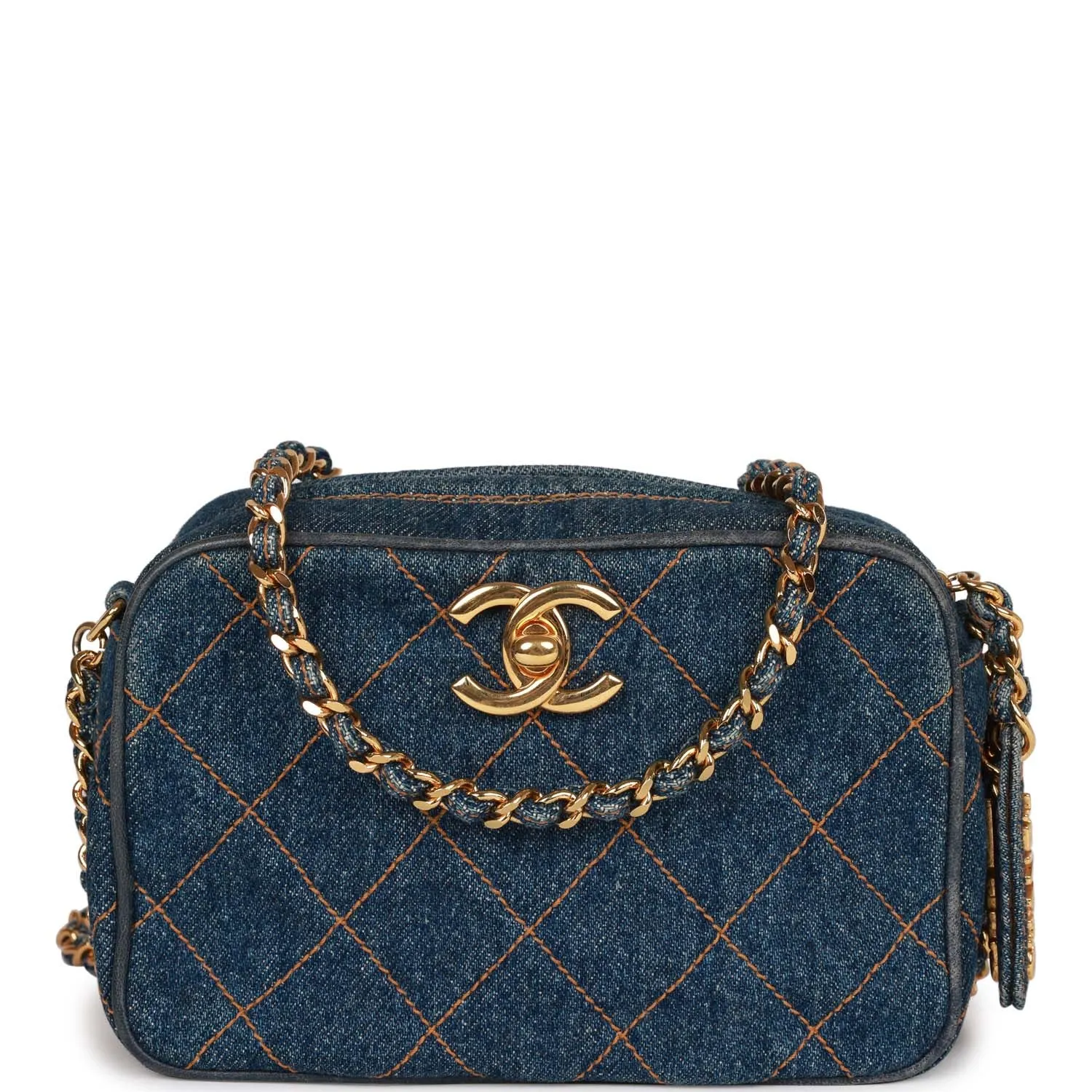 Vintagetrendy Inspired  Chanel Mini Camera Bag Blue Denim Gold Hardware