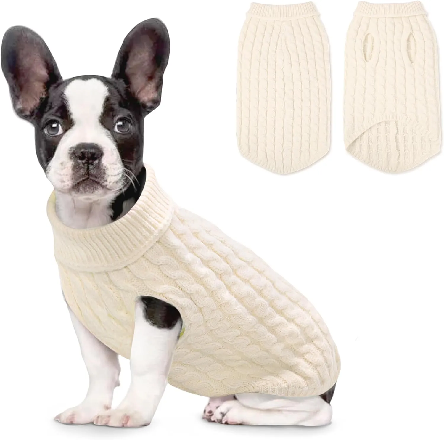 Warm Dog Turtleneck Sweater - Cable Knit Puppy Sweater Thick Warm Dog Winter Clothes, Cold Weather for Small and Medium Dogs (White, 2XL)