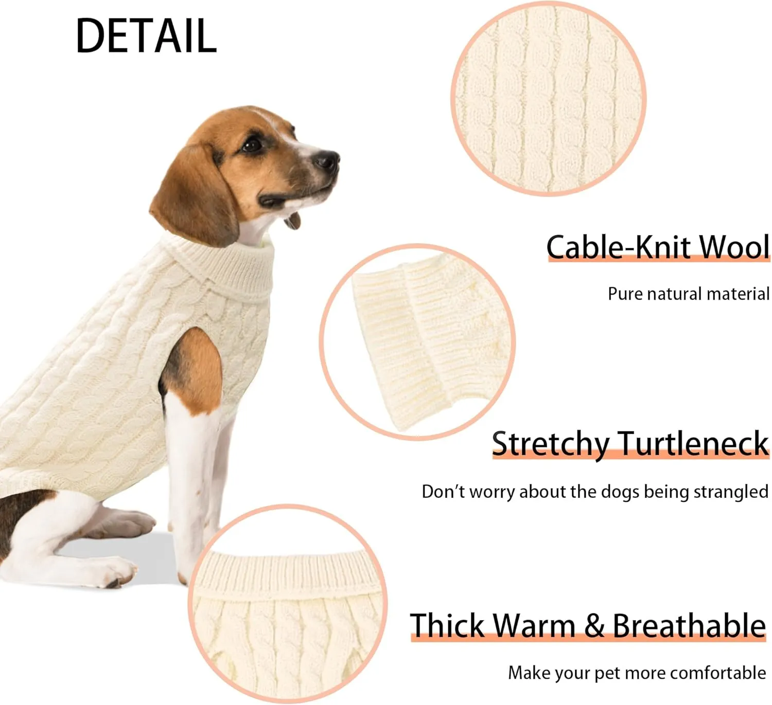 Warm Dog Turtleneck Sweater - Cable Knit Puppy Sweater Thick Warm Dog Winter Clothes, Cold Weather for Small and Medium Dogs (White, 2XL)
