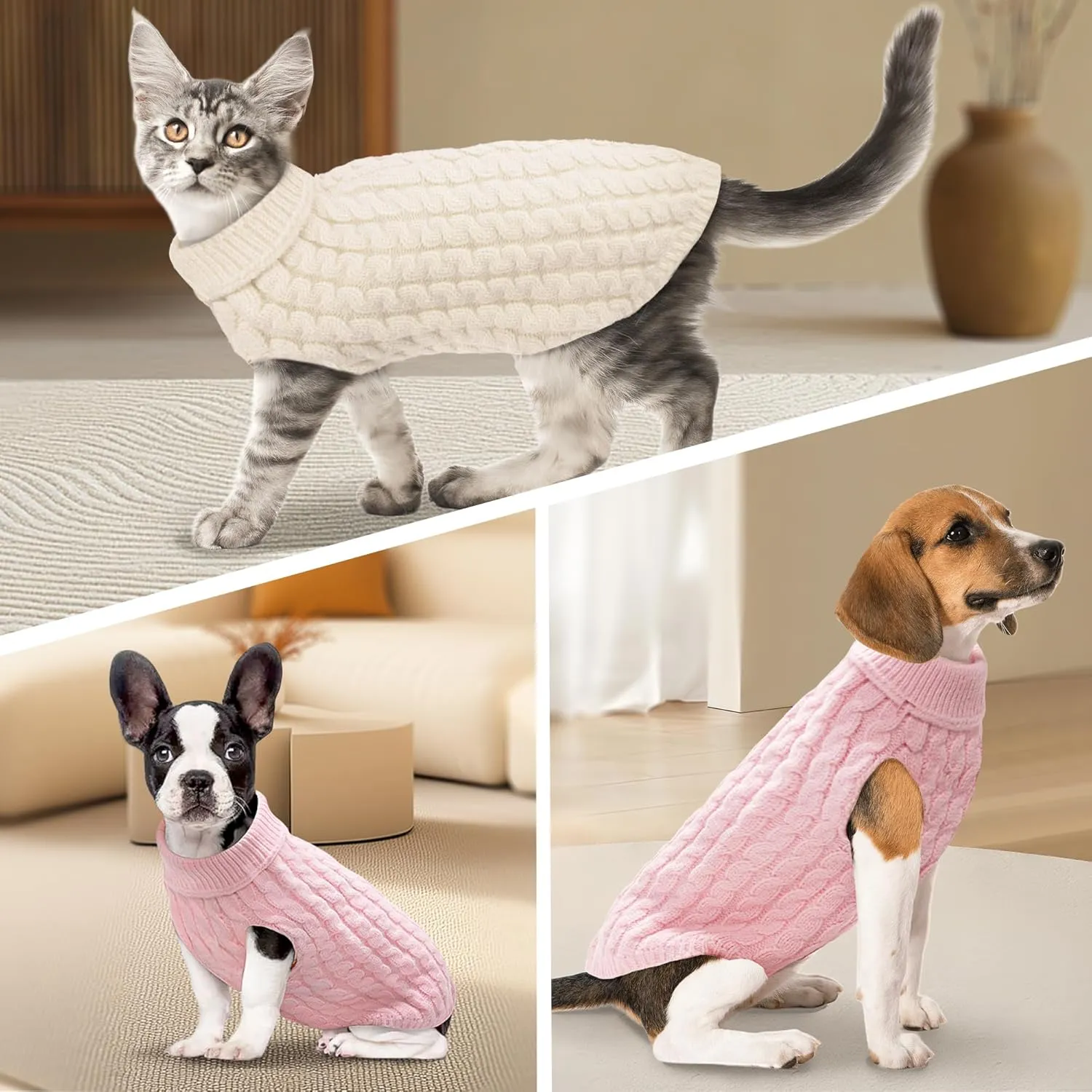 Warm Dog Turtleneck Sweater - Cable Knit Puppy Sweater Thick Warm Dog Winter Clothes, Cold Weather for Small and Medium Dogs (White, 2XL)