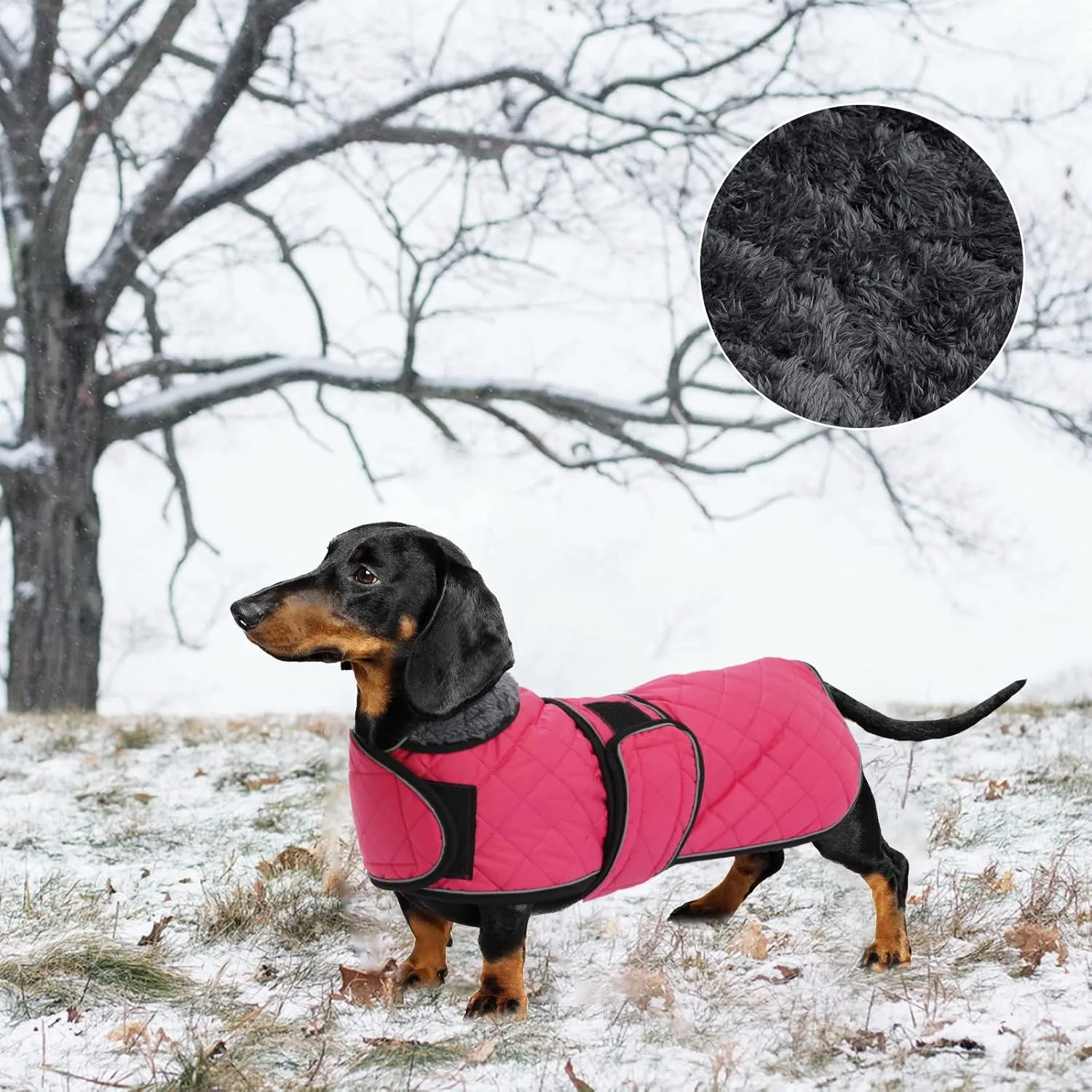 Warm Thermal Quilted Dachshund Coat, Dog Winter Coat with Warm Fleece Lining, Outdoor Dog Apparel with Adjustable Bands for Medium, Large Dog-Pink-S