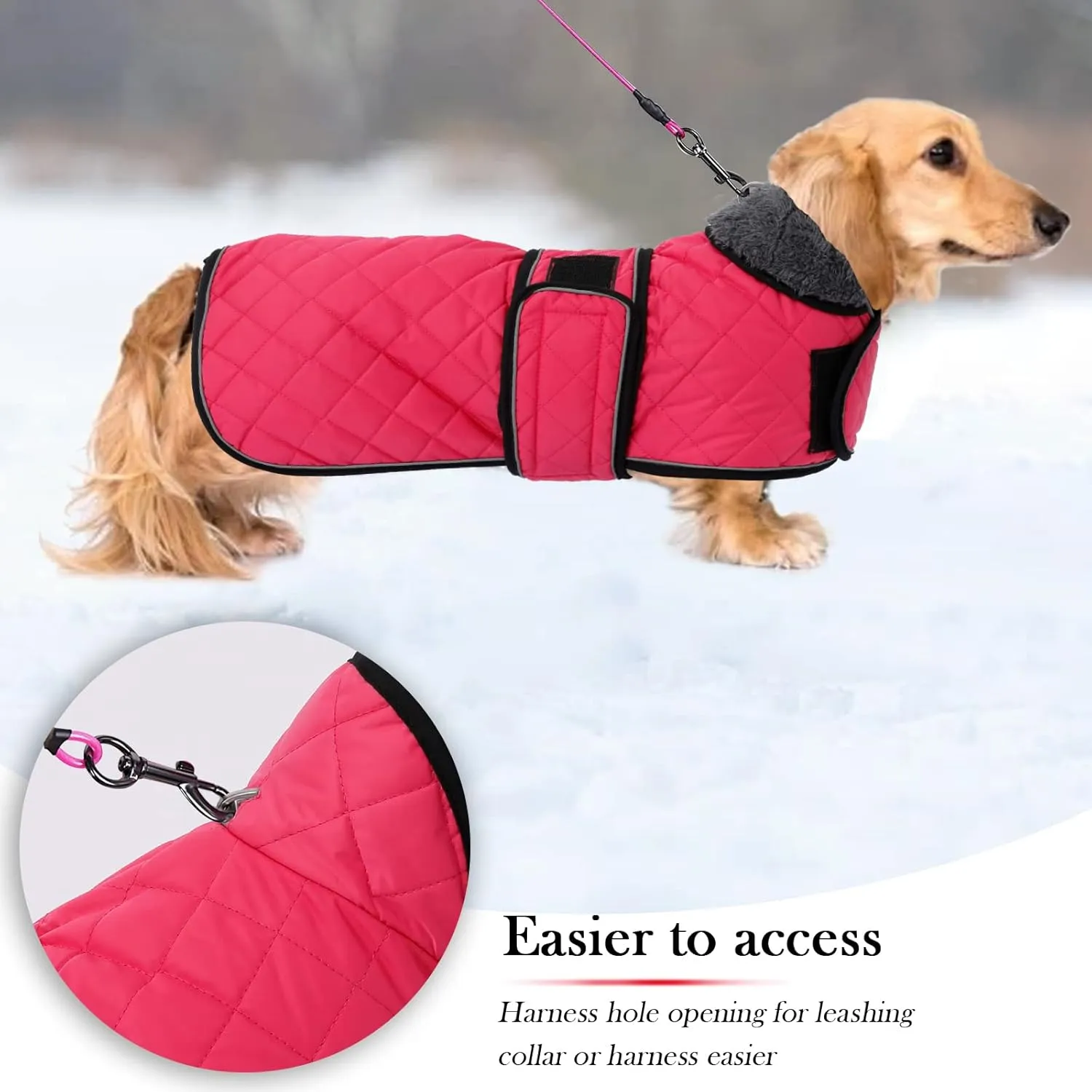 Warm Thermal Quilted Dachshund Coat, Dog Winter Coat with Warm Fleece Lining, Outdoor Dog Apparel with Adjustable Bands for Medium, Large Dog-Pink-S