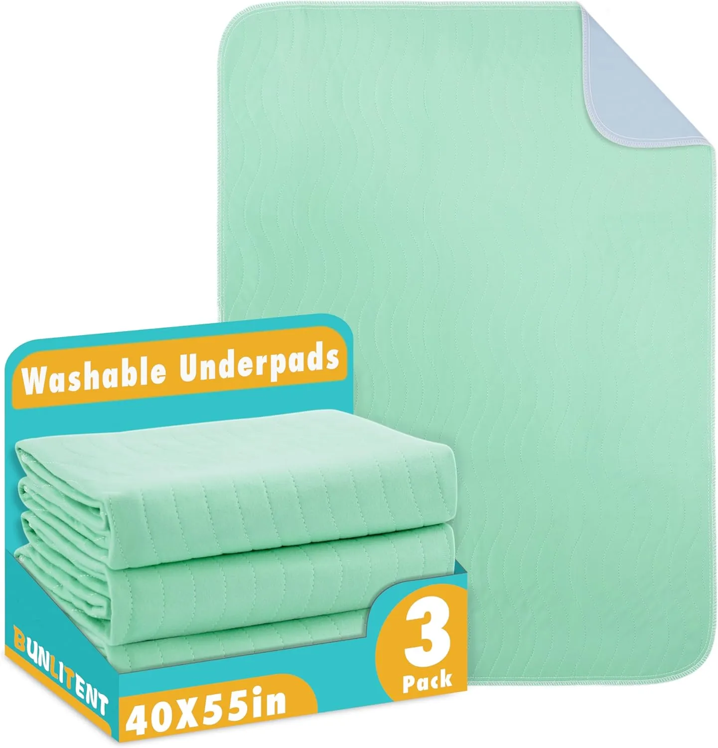 Washable Underpads, 40" x 55", 3 Pack - Heavy Absorbency Reusable Bedwetting Incontinence Pads for Kids, Adults, Elderly, and Pets - Waterproof Protective Pad for Bed, Couch, Sofa, Floor