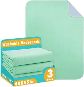 Washable Underpads, 40" x 55", 3 Pack - Heavy Absorbency Reusable Bedwetting Incontinence Pads for Kids, Adults, Elderly, and Pets - Waterproof Protective Pad for Bed, Couch, Sofa, Floor