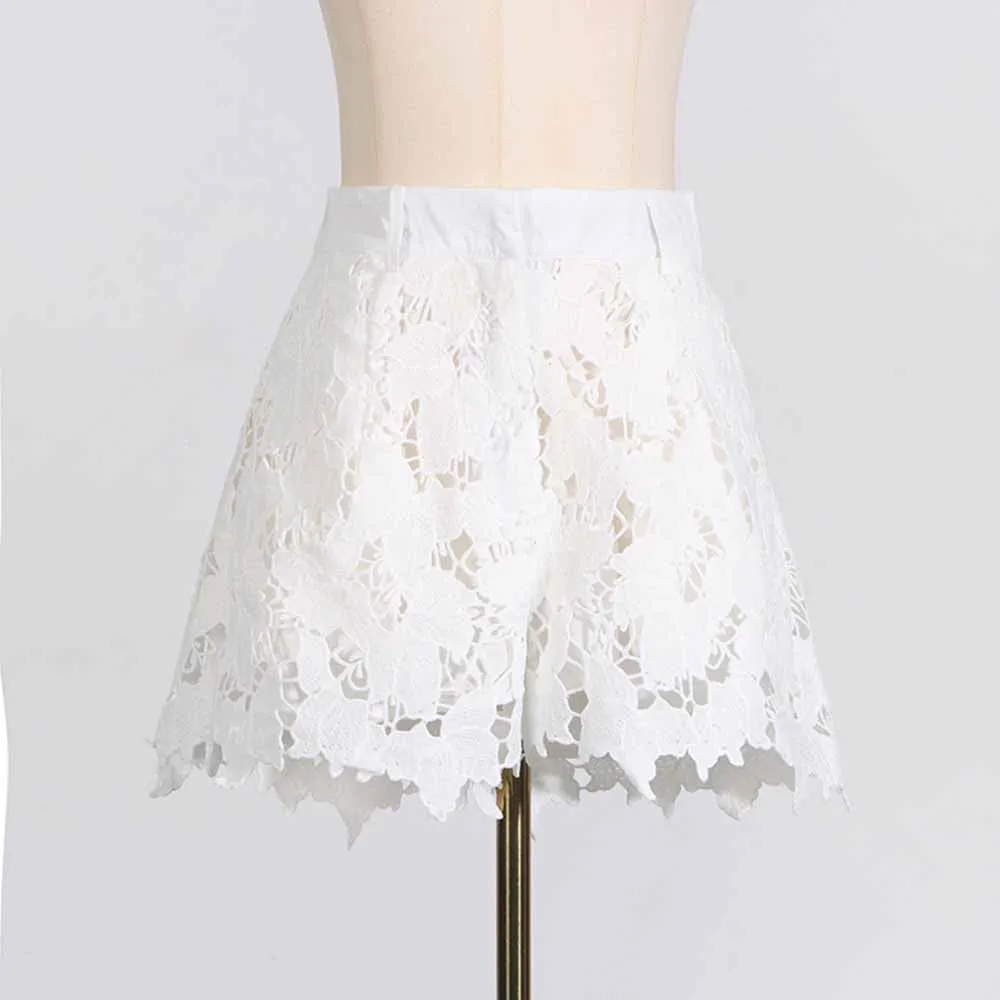 Women Short-Sleeve Lace Embroidered Two Piece Shorts Set