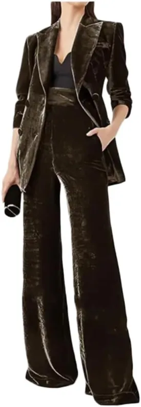 Women's 2 Piece Velvet Suit Office Work Suit Notch Lapel Double Breasted Blazer Pants Business Suits Set for Women