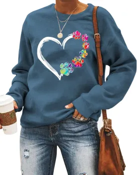 Womens Dog Paw Sweatshirt Fleece Lined Crewneck Long Sleeve Valentines Shirt Dog Lover Gift Tops