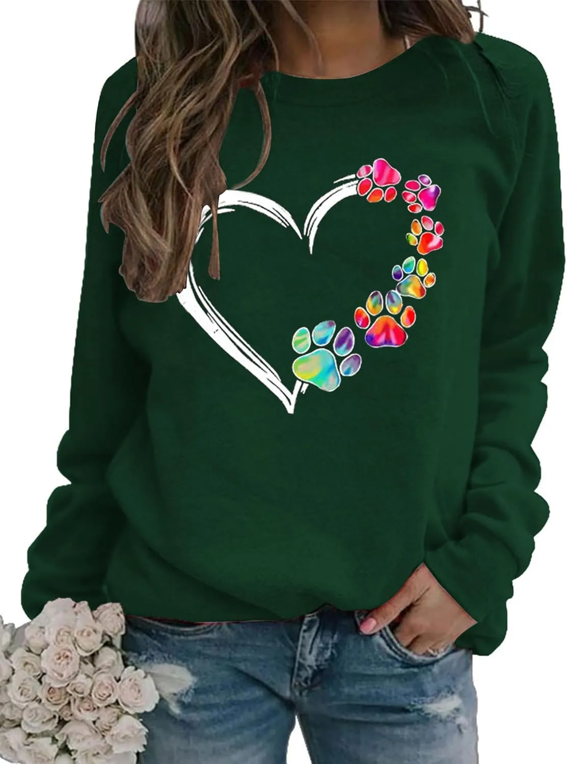 Womens Dog Paw Sweatshirt Fleece Lined Crewneck Long Sleeve Valentines Shirt Dog Lover Gift Tops