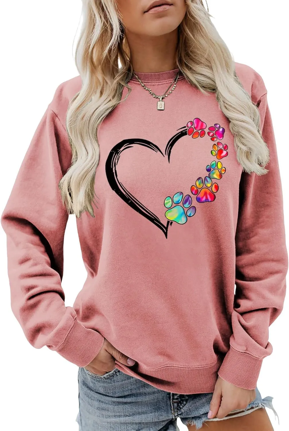 Womens Dog Paw Sweatshirt Fleece Lined Crewneck Long Sleeve Valentines Shirt Dog Lover Gift Tops
