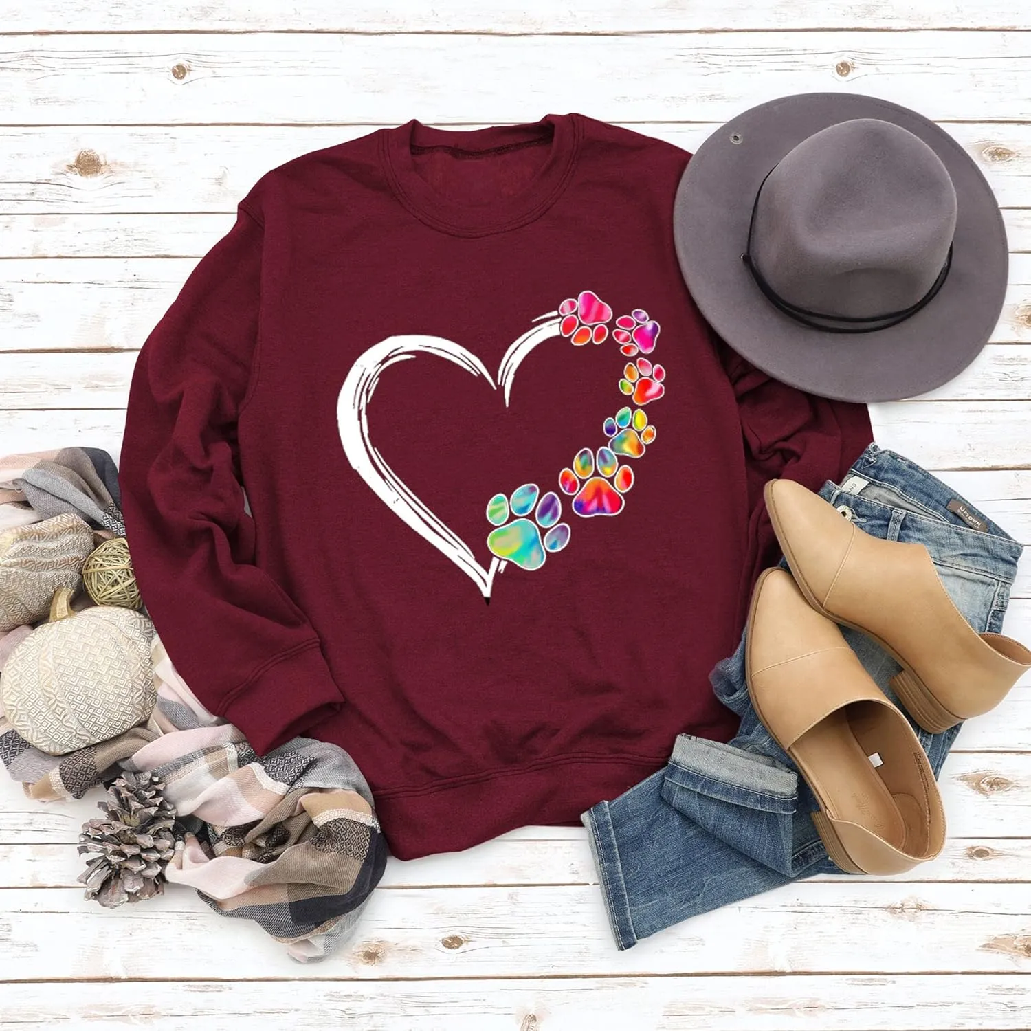 Womens Dog Paw Sweatshirt Fleece Lined Crewneck Long Sleeve Valentines Shirt Dog Lover Gift Tops