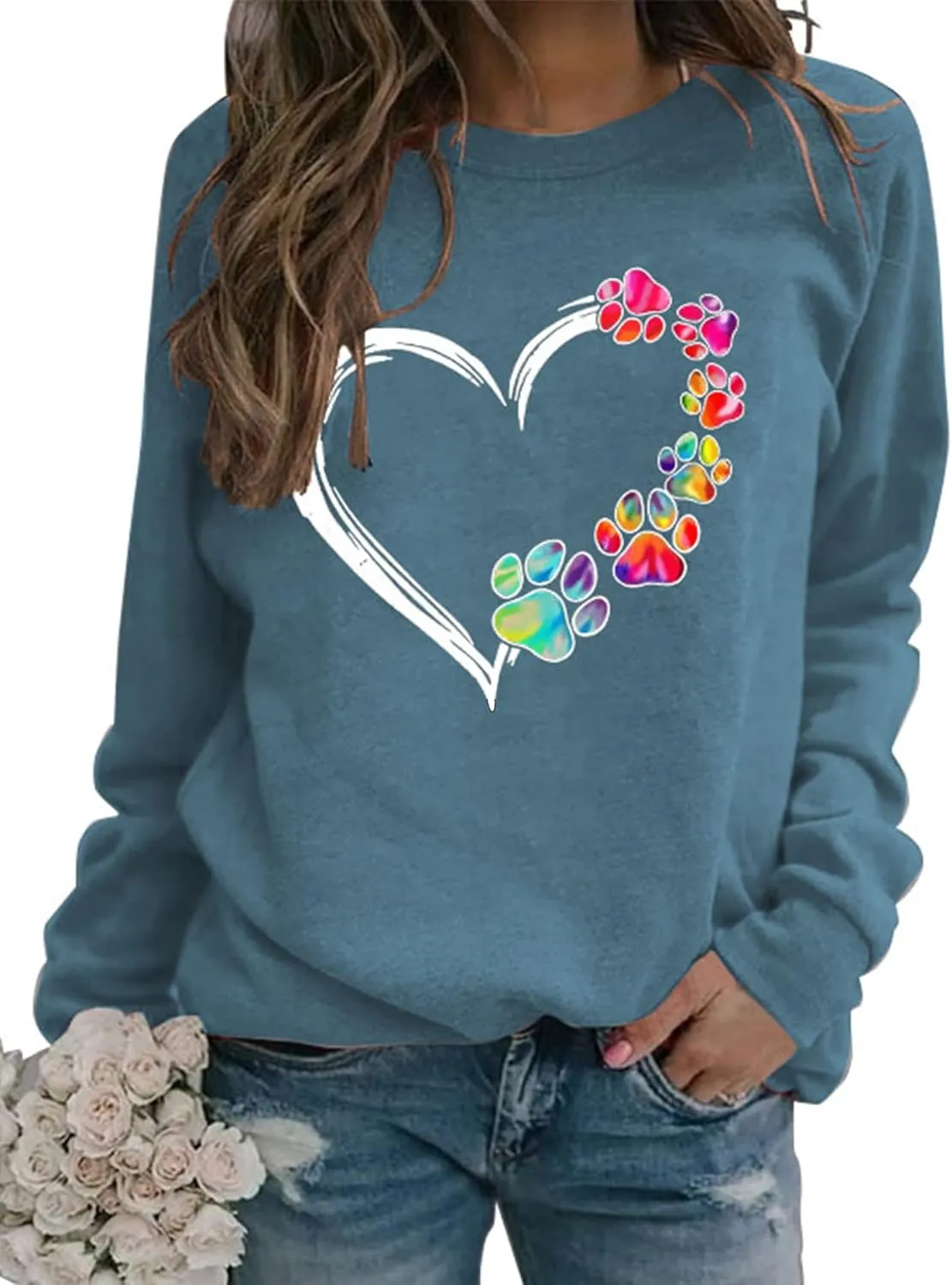 Womens Dog Paw Sweatshirt Fleece Lined Crewneck Long Sleeve Valentines Shirt Dog Lover Gift Tops