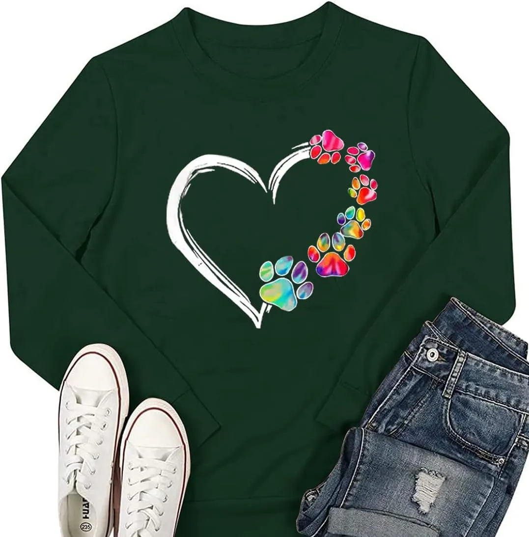 Womens Dog Paw Sweatshirt Fleece Lined Crewneck Long Sleeve Valentines Shirt Dog Lover Gift Tops