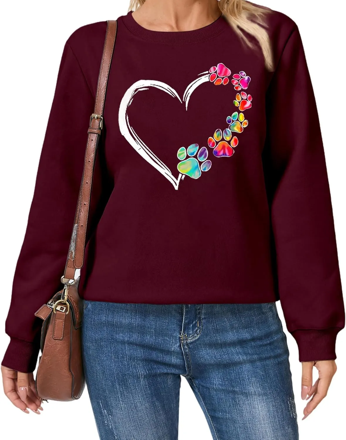 Womens Dog Paw Sweatshirt Fleece Lined Crewneck Long Sleeve Valentines Shirt Dog Lover Gift Tops