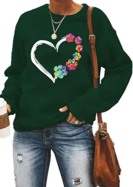 Womens Dog Paw Sweatshirt Fleece Lined Crewneck Long Sleeve Valentines Shirt Dog Lover Gift Tops