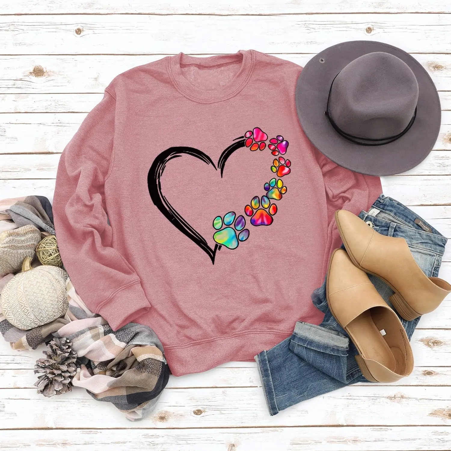 Womens Dog Paw Sweatshirt Fleece Lined Crewneck Long Sleeve Valentines Shirt Dog Lover Gift Tops