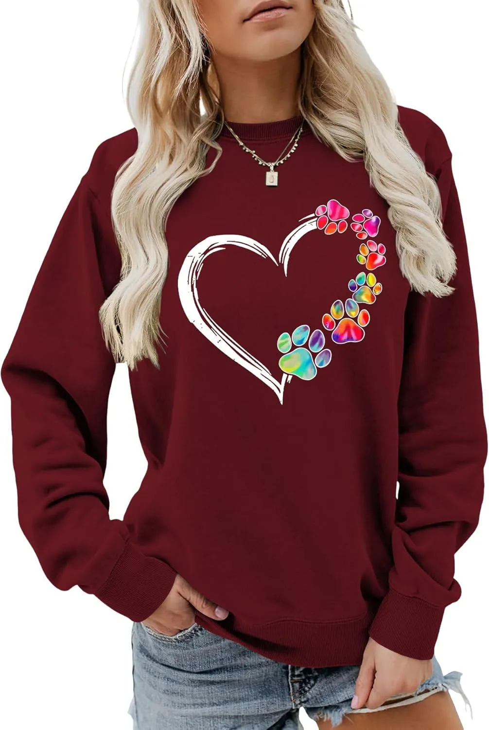 Womens Dog Paw Sweatshirt Fleece Lined Crewneck Long Sleeve Valentines Shirt Dog Lover Gift Tops