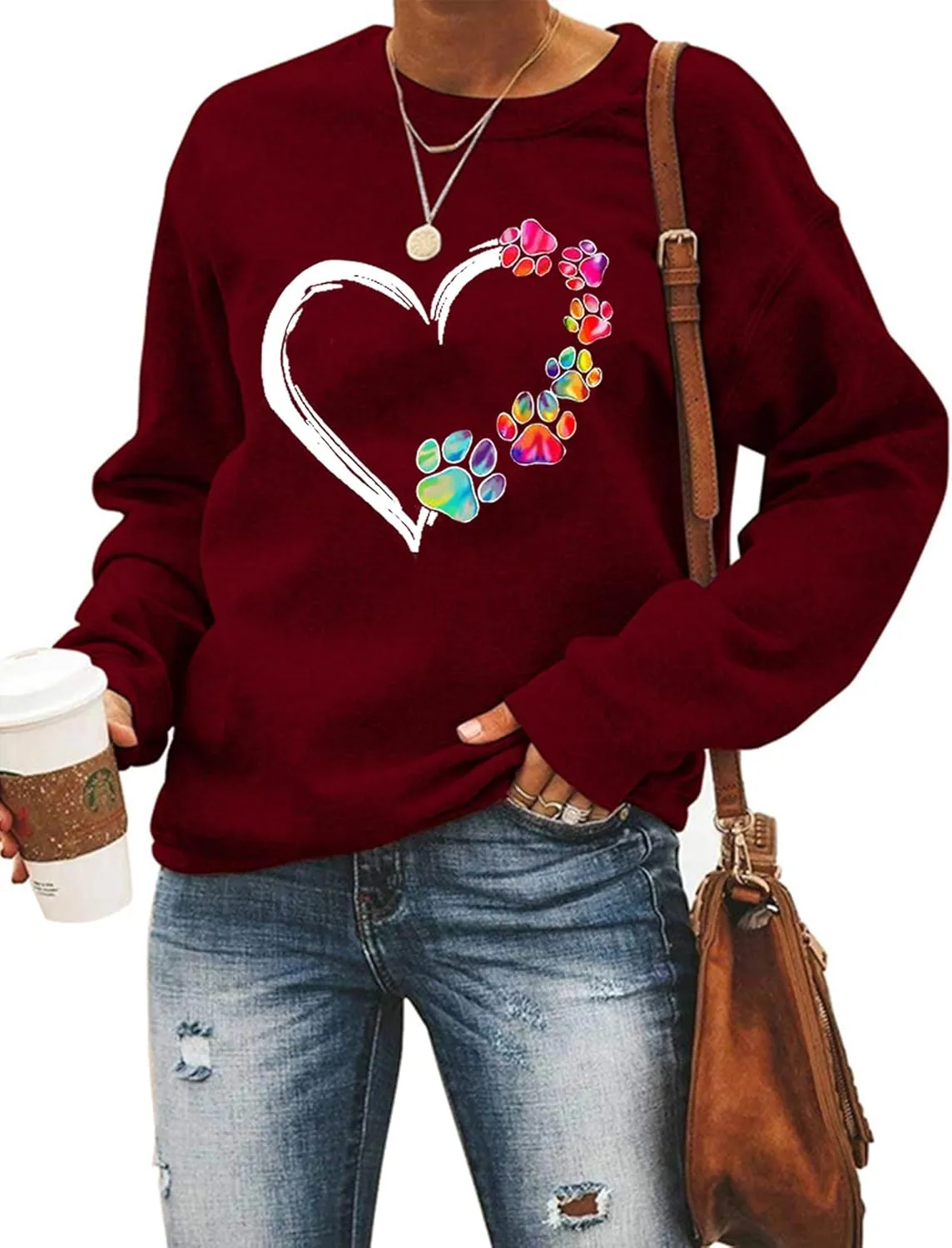 Womens Dog Paw Sweatshirt Fleece Lined Crewneck Long Sleeve Valentines Shirt Dog Lover Gift Tops