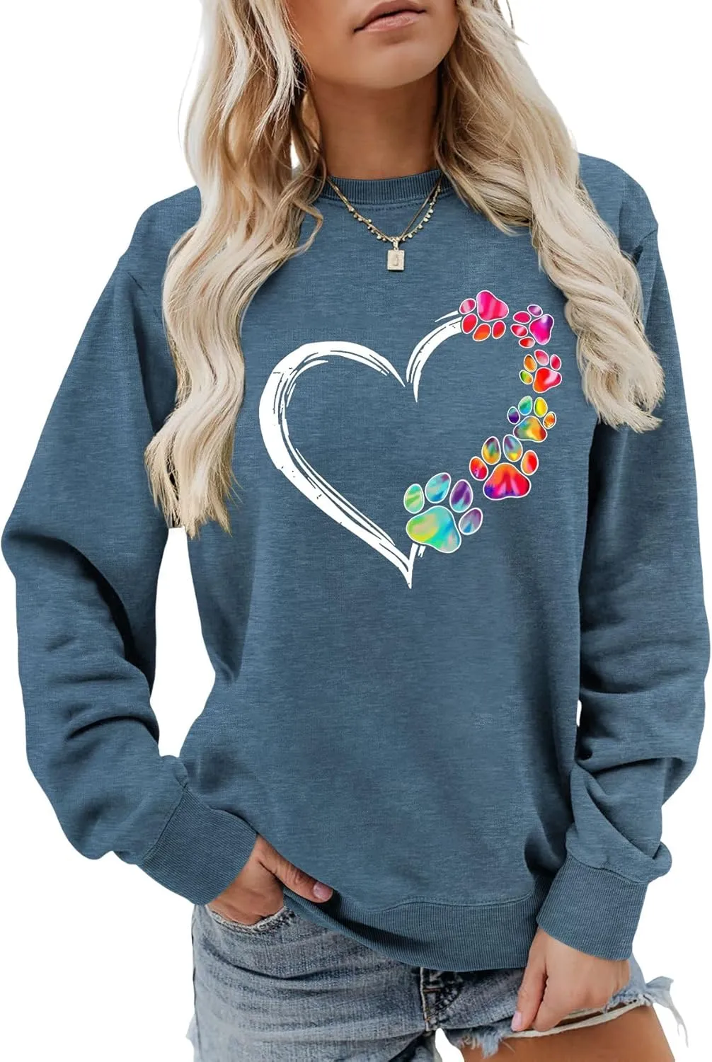 Womens Dog Paw Sweatshirt Fleece Lined Crewneck Long Sleeve Valentines Shirt Dog Lover Gift Tops