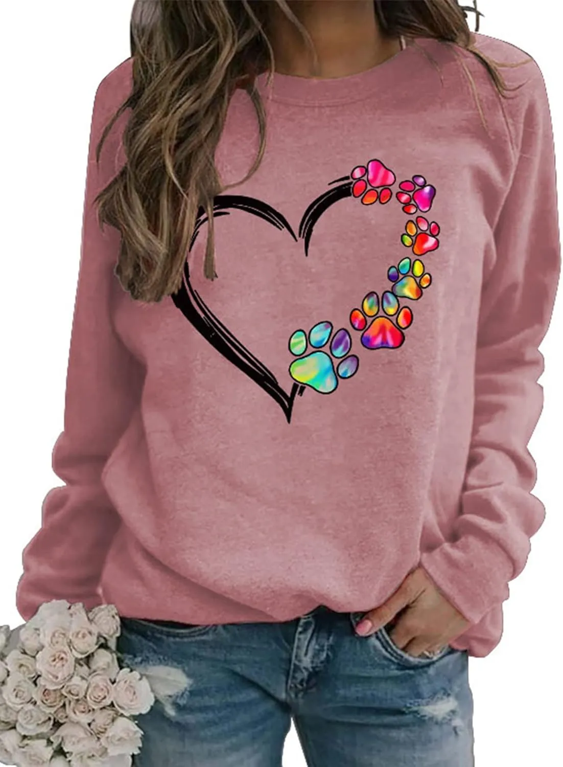 Womens Dog Paw Sweatshirt Fleece Lined Crewneck Long Sleeve Valentines Shirt Dog Lover Gift Tops