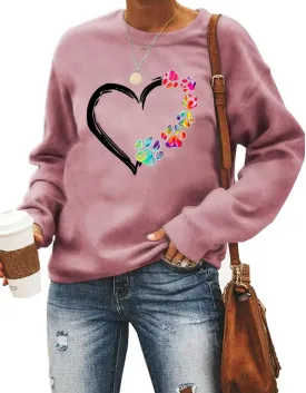 Womens Dog Paw Sweatshirt Fleece Lined Crewneck Long Sleeve Valentines Shirt Dog Lover Gift Tops
