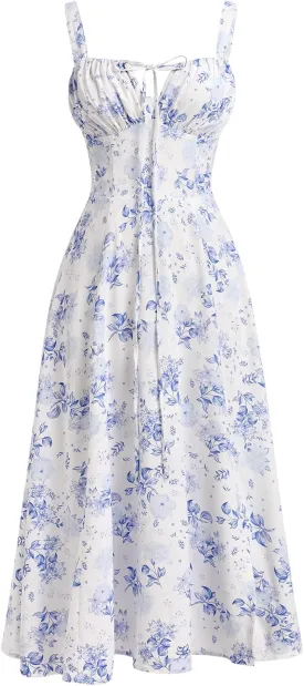 Women's Floral Corset Dress Formal Cocktail Dresses Going Out Casual Sundress Split Thigh Spaghetti Strap Vintage Dress