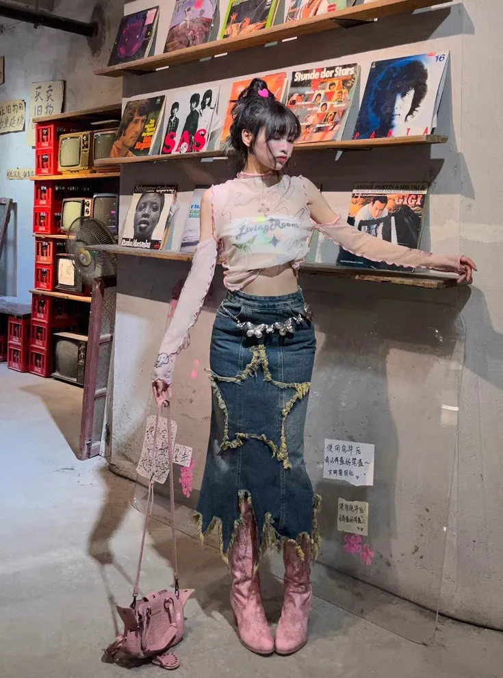Y2K Sweet Spice Hot Girl Star Retro Vintage Irregular Denim Skirt