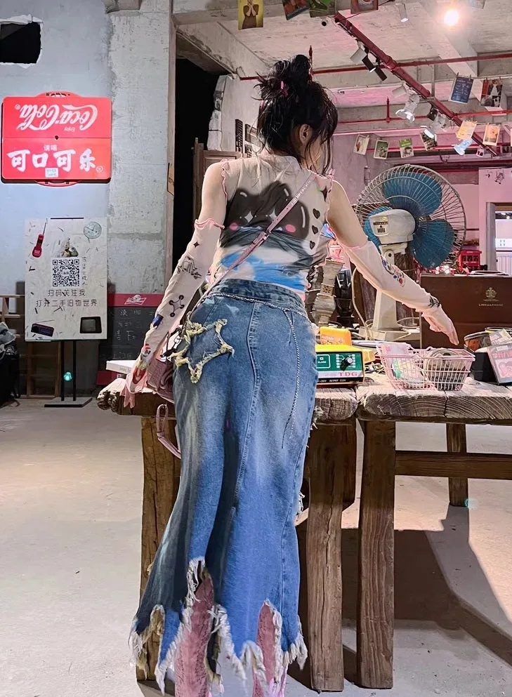 Y2K Sweet Spice Hot Girl Star Retro Vintage Irregular Denim Skirt
