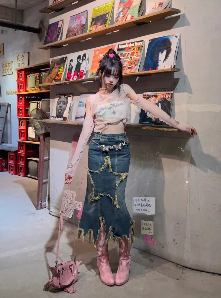 Y2K Sweet Spice Hot Girl Star Retro Vintage Irregular Denim Skirt